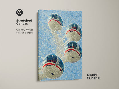 Discover our London Eye Ferris wheel wall art displayed on a stretched canvas. The gallery wrap and mirror edges add a seamless modern look. This cityscape art print is ready to hang and perfect as travel themed decor in any living space.