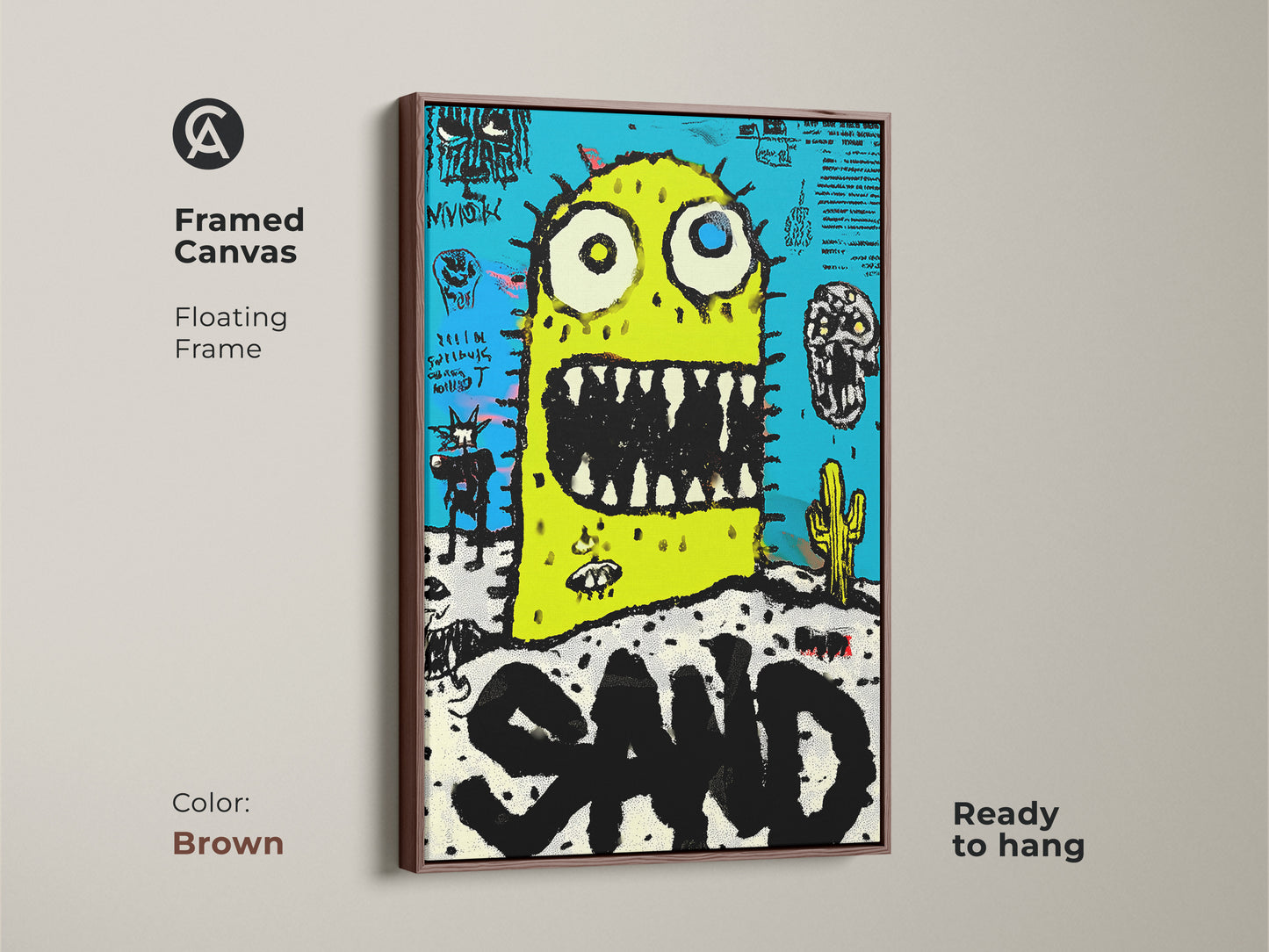Framed canvas art showcasing a whimsical monster in the desert. Brown floating frame that enhances the artwork. The artwork is ready to hang. It features a bright yellow monster with a vibrant blue background. The art is playful and vibrant. A great addition to any art collection. Order now