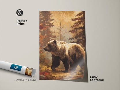 Poster print of brown forest landscape with a bear. The oil painting style animal art is rolled in a tube for easy framing. A wildlife bedroom decor piece for nature lovers.