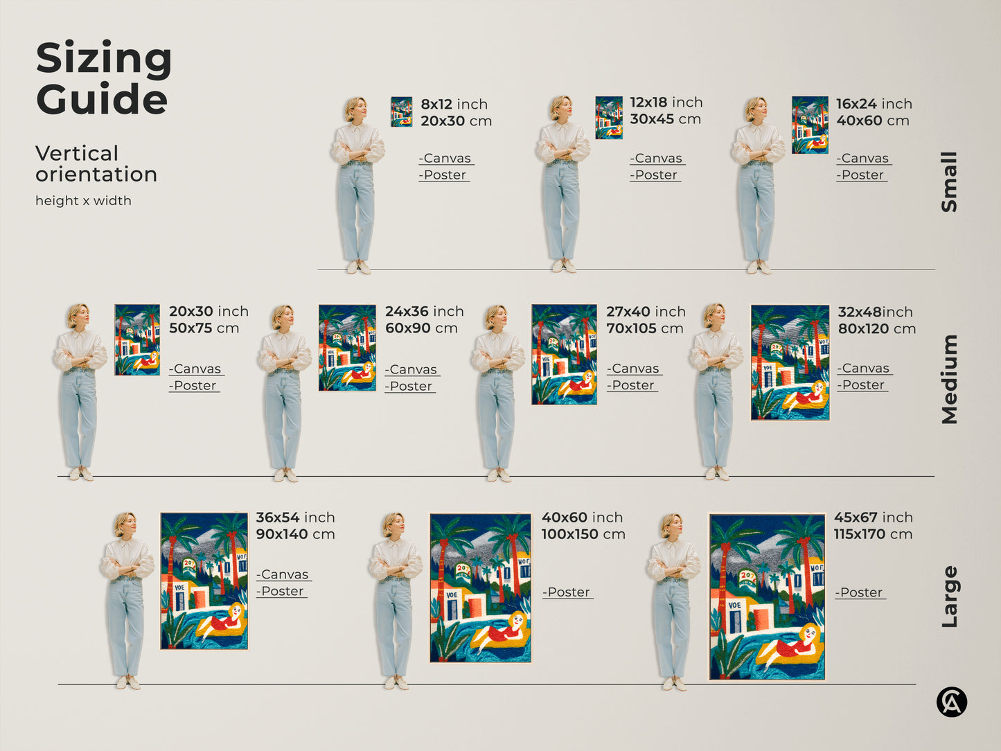 Sizing guide for vertical wall art prints. See how this artwork featuring a woman relaxing by the pool looks in various sizes. Available as canvas or poster prints. Choose the perfect size to fit your space from small to large. Visualize how each size will enhance your home decor with this vibrant piece.