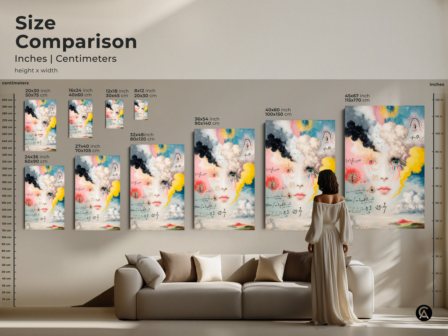 A size comparison shows the surreal face canvas art in various dimensions. It ranges from small to extra large. The conceptual art makes a striking statement above a sofa in a living room setting.