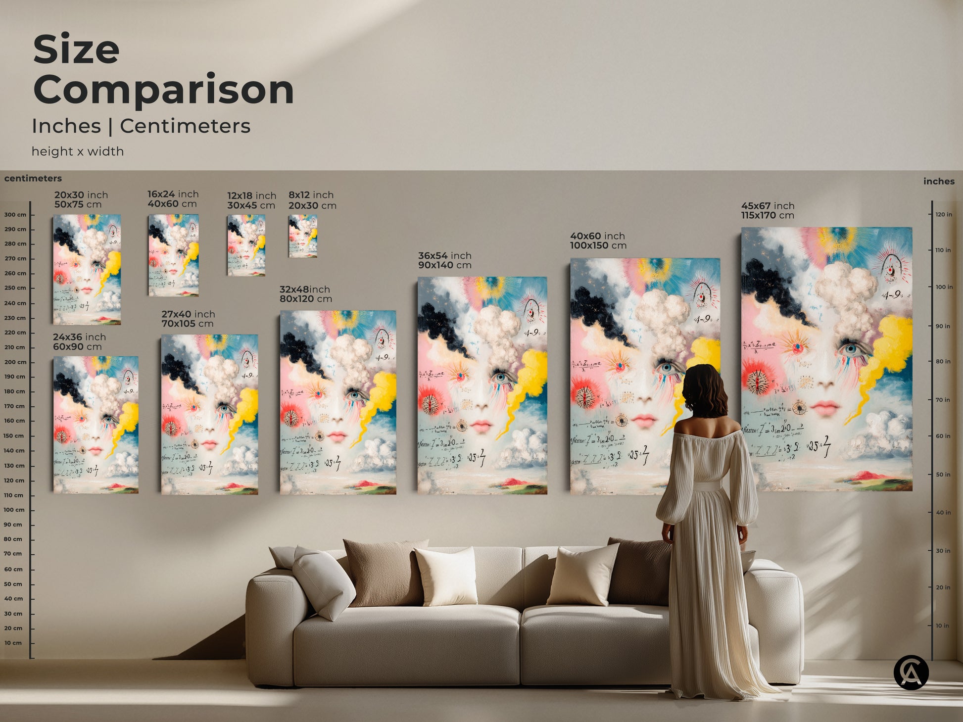 A size comparison shows the surreal face canvas art in various dimensions. It ranges from small to extra large. The conceptual art makes a striking statement above a sofa in a living room setting.