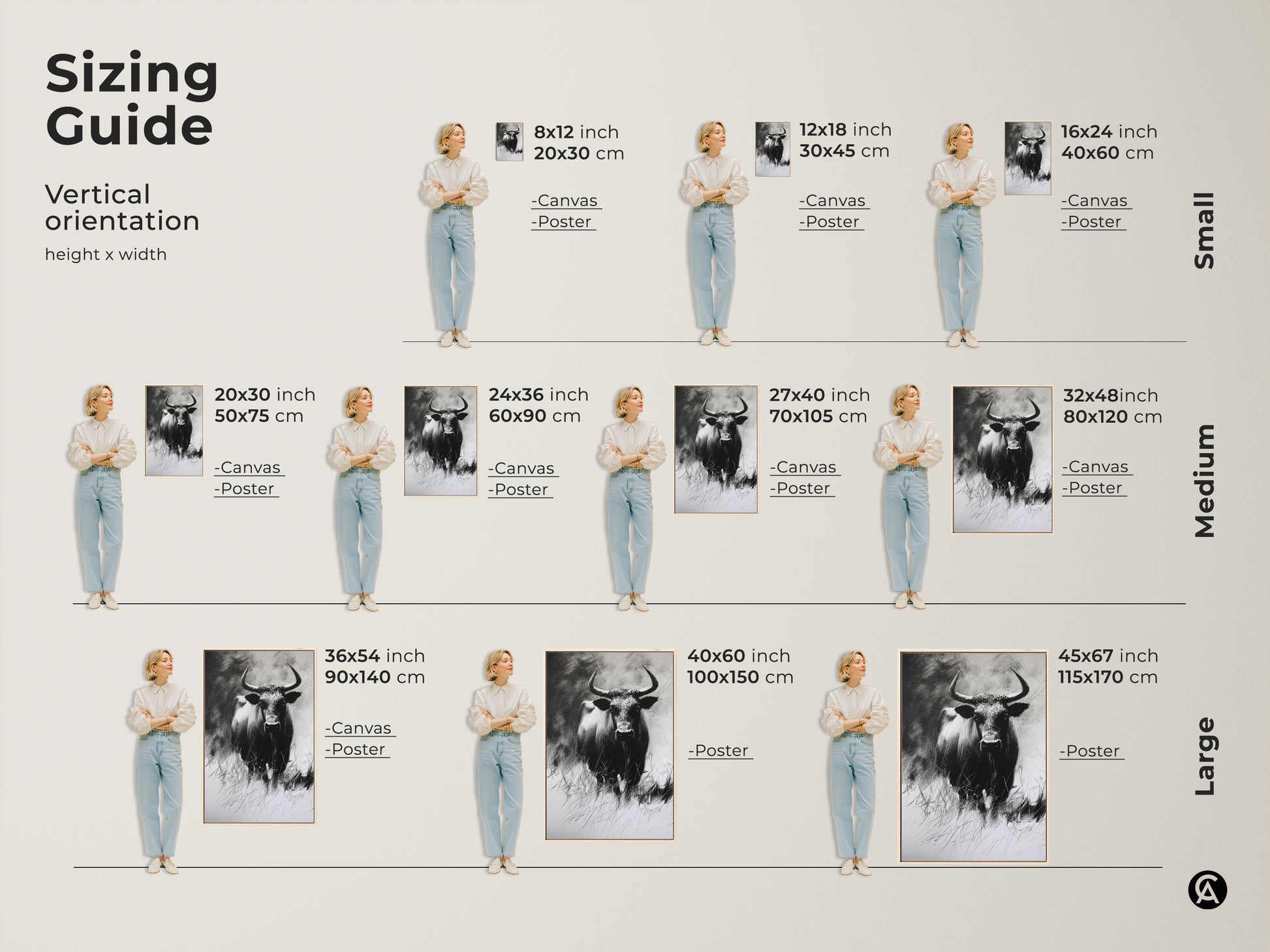 Sizing guide for the buffalo charcoal sketch art print. See vertical orientation options. Sizes range from small medium to large. Visualize canvas and poster versions in 8x12 to 45x67 inches.