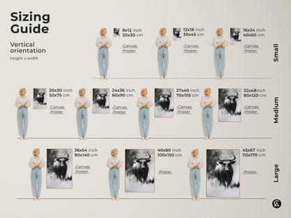 Sizing guide for the buffalo charcoal sketch art print. See vertical orientation options. Sizes range from small medium to large. Visualize canvas and poster versions in 8x12 to 45x67 inches.