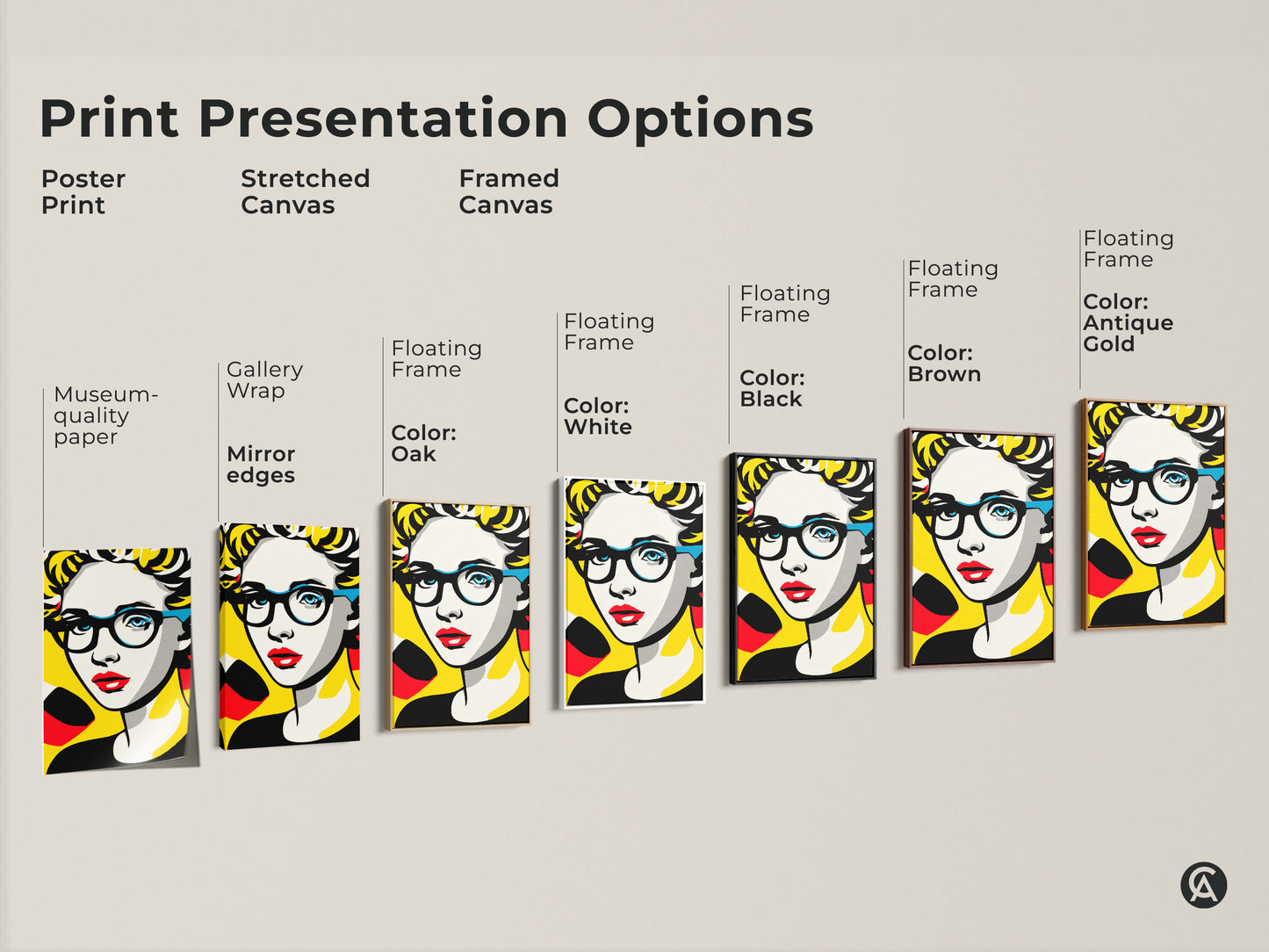 Print presentation options for pop art portrait artwork. Choose from poster prints or stretched canvas. Options include framed canvas with various floating frame colors. Find the perfect art for your space.
