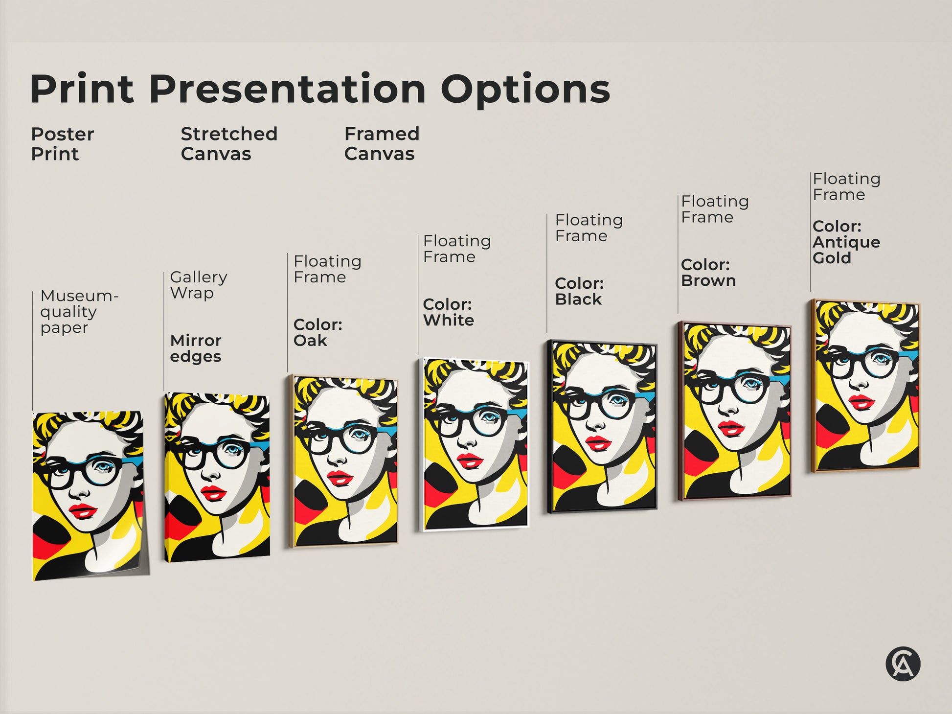 Print presentation options for pop art portrait artwork. Choose from poster prints or stretched canvas. Options include framed canvas with various floating frame colors. Find the perfect art for your space.