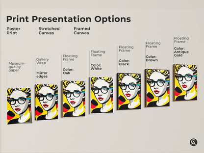 Print presentation options for pop art portrait artwork. Choose from poster prints or stretched canvas. Options include framed canvas with various floating frame colors. Find the perfect art for your space.