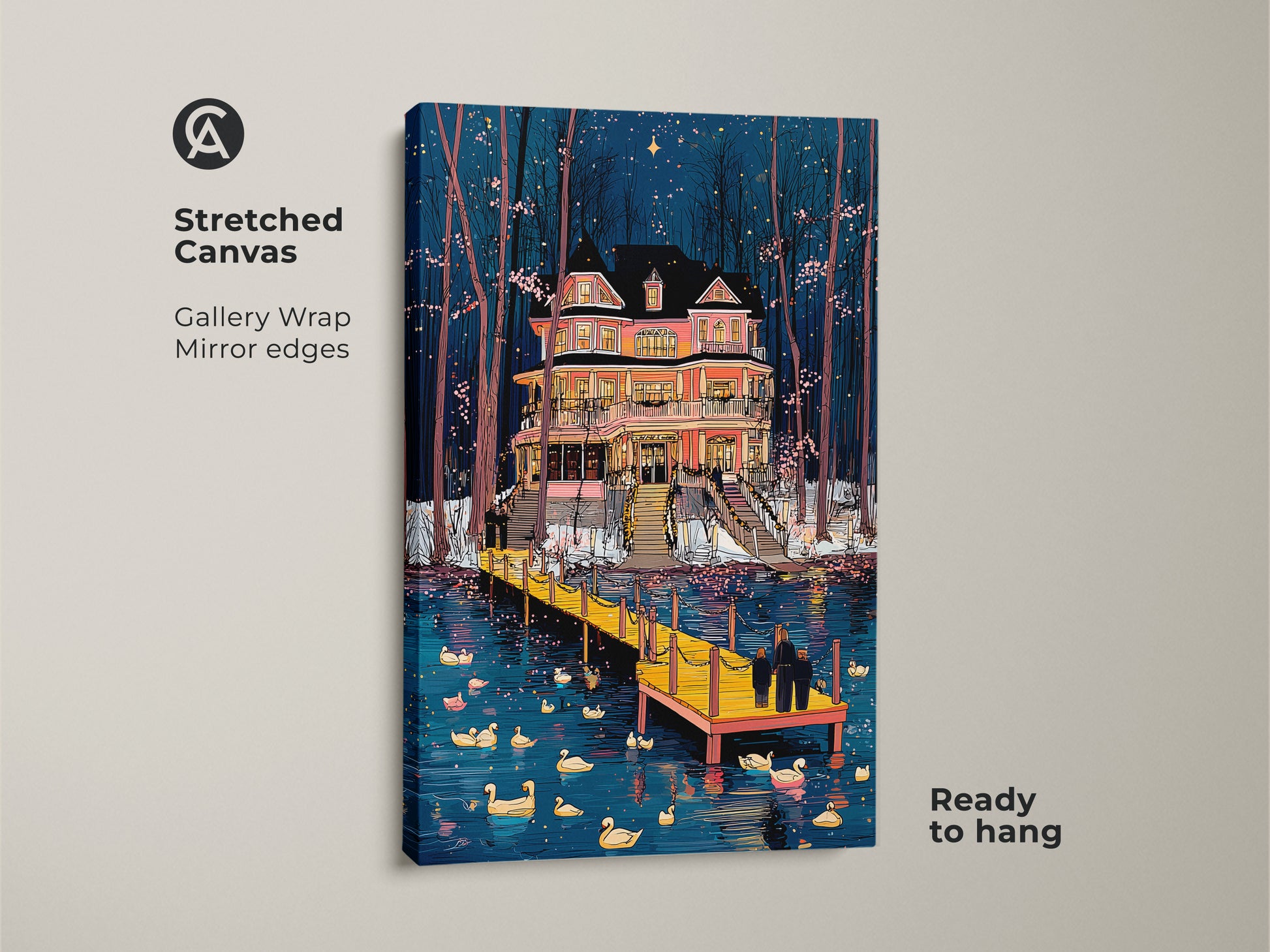 Stretched canvas of Pink Victorian House Art near Coastal Duck Lake. Gallery-wrapped with mirrored edges it's ready to hang. This Blue Pink Sunset Wall artwork adds an eclectic touch. A unique housewarming gift with a dreamy lakeside view.