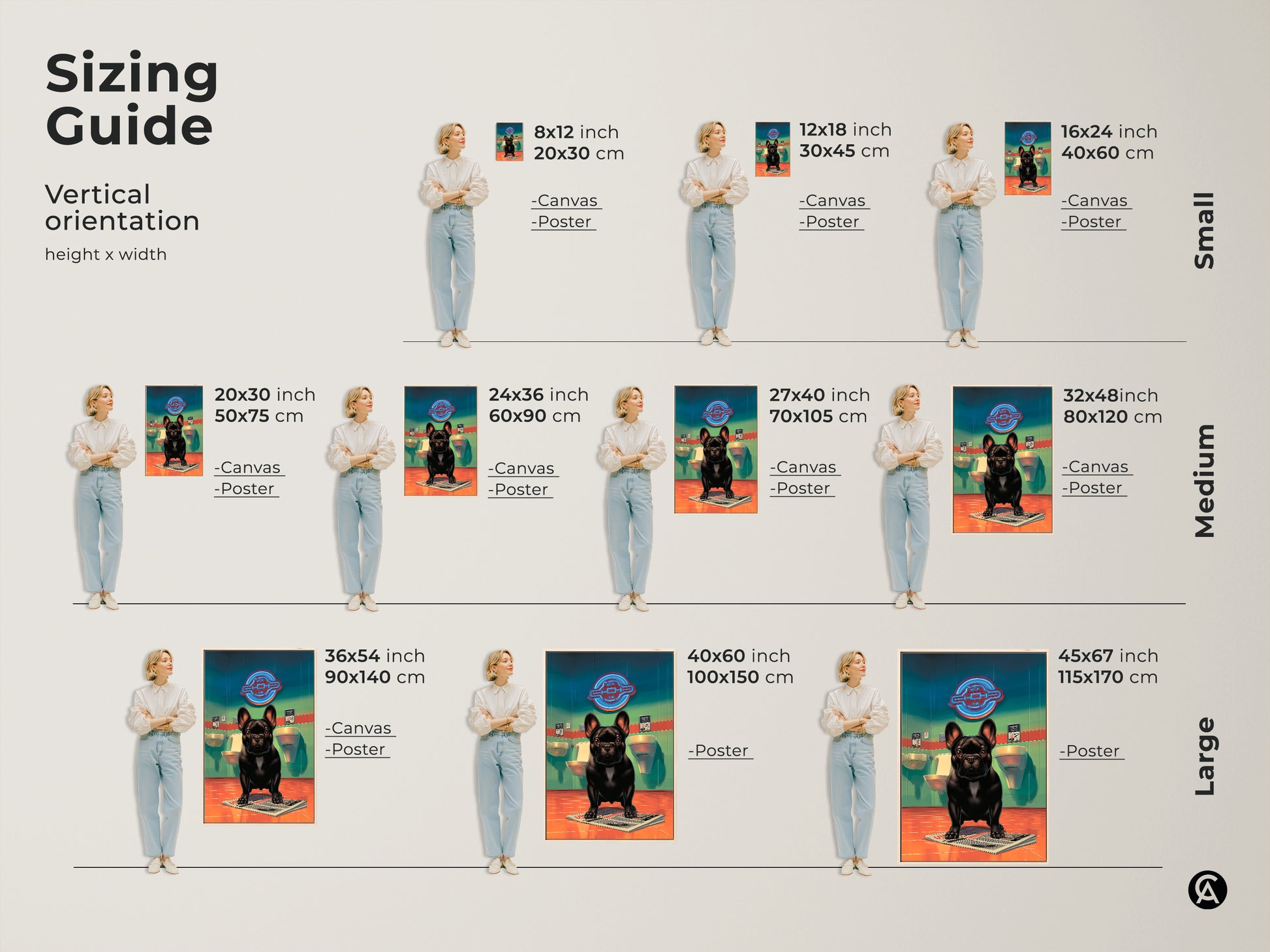 Sizing guide for vertical French Bulldog artwork. Available as canvas or poster. Choose from small medium and large sizes. Perfect for eclectic home decor and a unique gift for dog owners. Select the ideal size for your space.