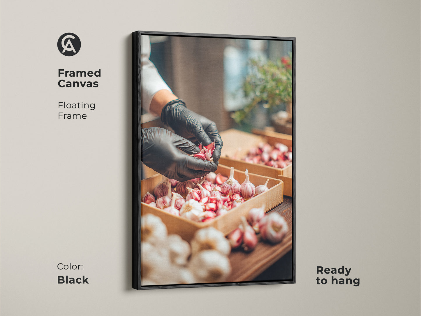 Framed canvas art showing a chef preparing garlic. The frame is a floating black frame. The artwork is ready to hang. This piece adds a culinary touch to any kitchen or restaurant. Great art for kitchen decor.
