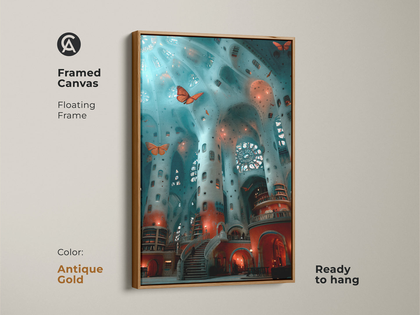 Brighten your walls with framed fantasy interior art. The surreal architecture canvas has a fresh white floating frame. The teal blue and red butterfly art print is versatile eclectic home office art. This unique housewarming gift is ready to hang offering a dreamlike aesthetic.