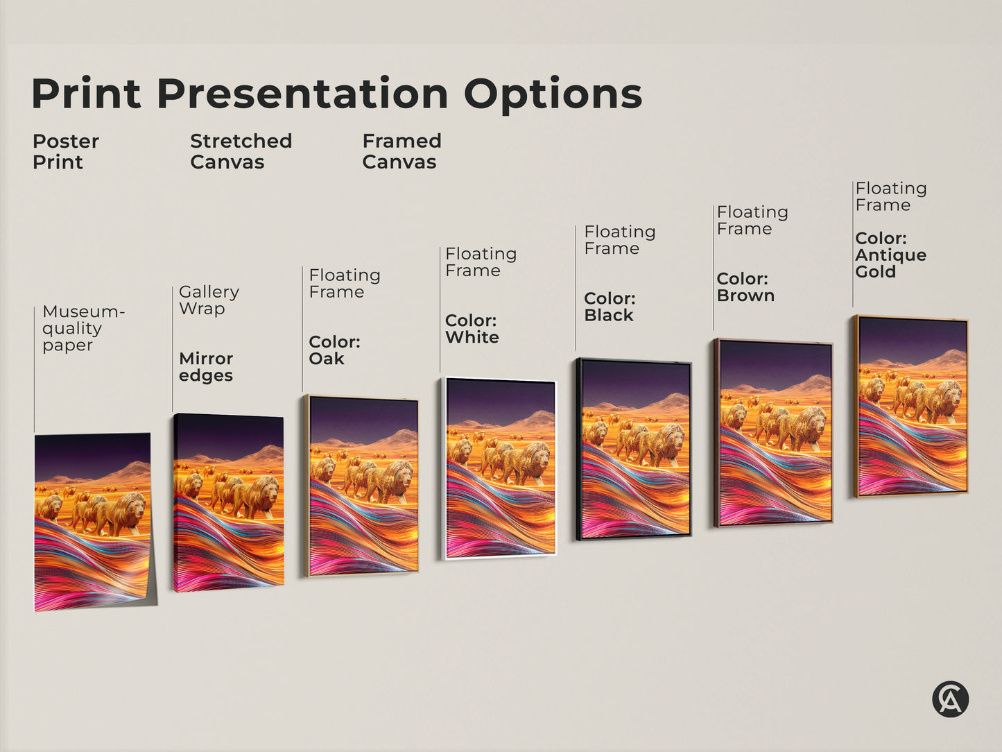 Print presentation options including poster prints stretched canvas and framed canvas are displayed side by side. Each features the golden lion artwork. Options include museum-quality paper gallery wrap and floating frames in oak white black brown and antique gold.