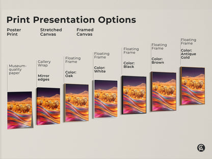 Print presentation options including poster prints stretched canvas and framed canvas are displayed side by side. Each features the golden lion artwork. Options include museum-quality paper gallery wrap and floating frames in oak white black brown and antique gold.