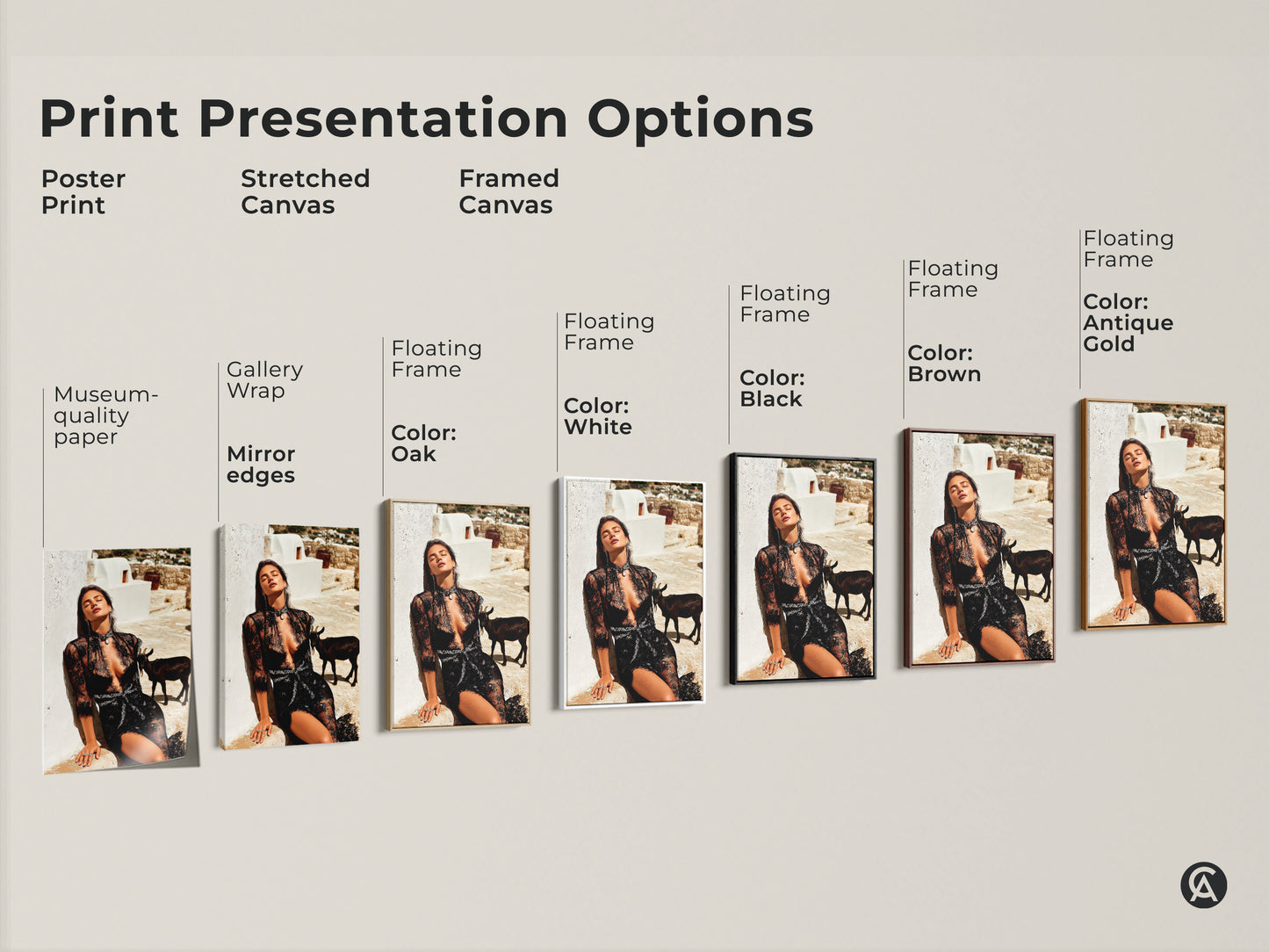 Print presentation options for the glamorous woman in black lace artwork. Choose from poster print stretched canvas and framed canvas. Select from black brown antique gold and white frames. Find the perfect unique gift for eclectic home decor.