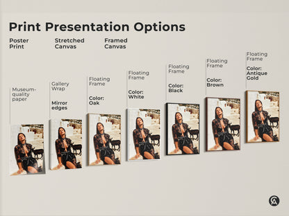 Print presentation options for the glamorous woman in black lace artwork. Choose from poster print stretched canvas and framed canvas. Select from black brown antique gold and white frames. Find the perfect unique gift for eclectic home decor.