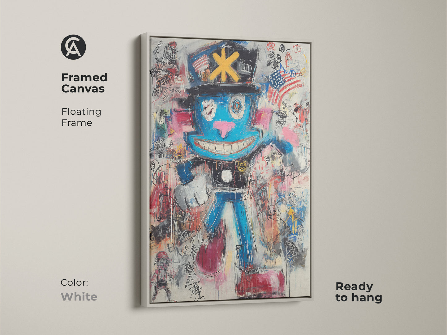 Explore print presentation options for graffiti character art. Choices include poster prints and stretched canvases. Options include framed canvas with black brown and antique gold. Find the perfect style for your blue red pink eclectic art.