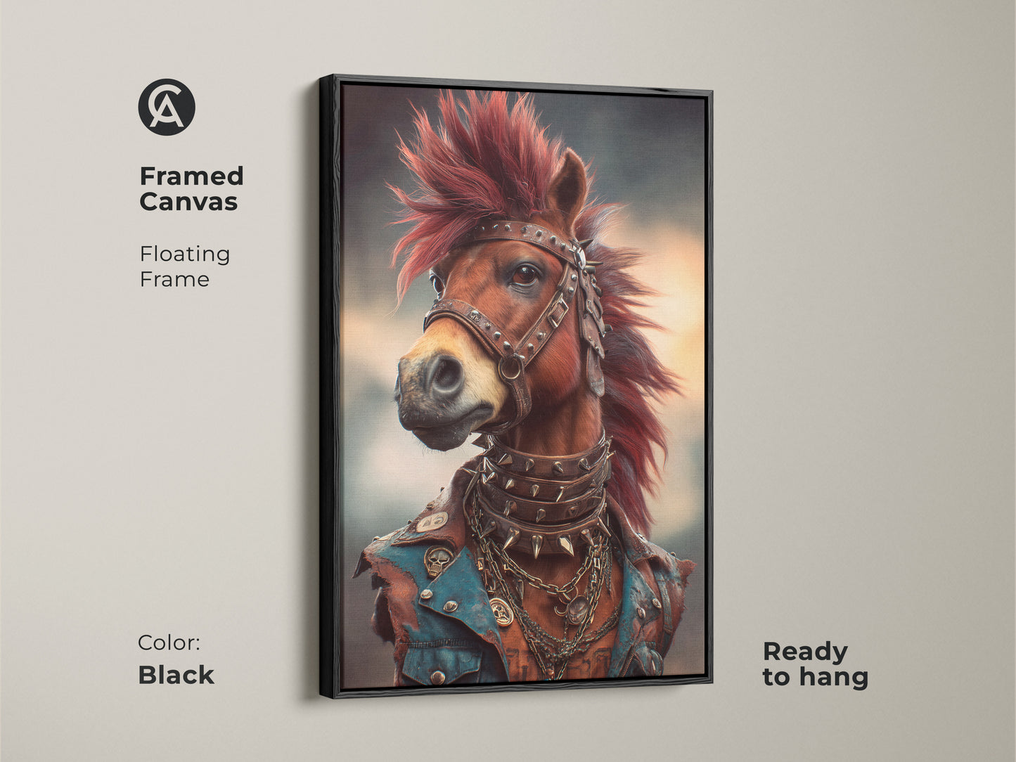 Framed canvas of a mohawk horse canvas. The punk rock horse is ready to hang in a man cave. Displaying the black floating frame. Gothic style punk rock animal wall art for alternative home decor