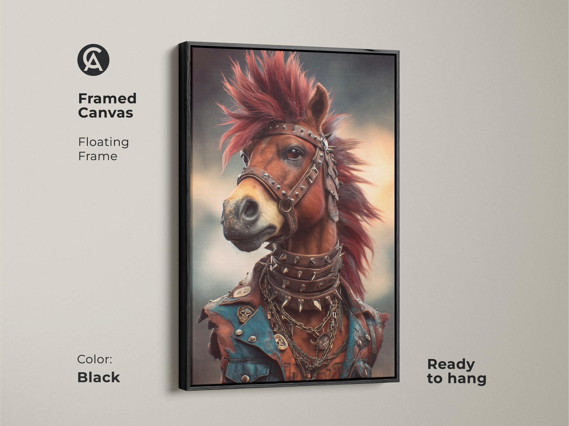 Framed canvas of a mohawk horse canvas. The punk rock horse is ready to hang in a man cave. Displaying the black floating frame. Gothic style punk rock animal wall art for alternative home decor