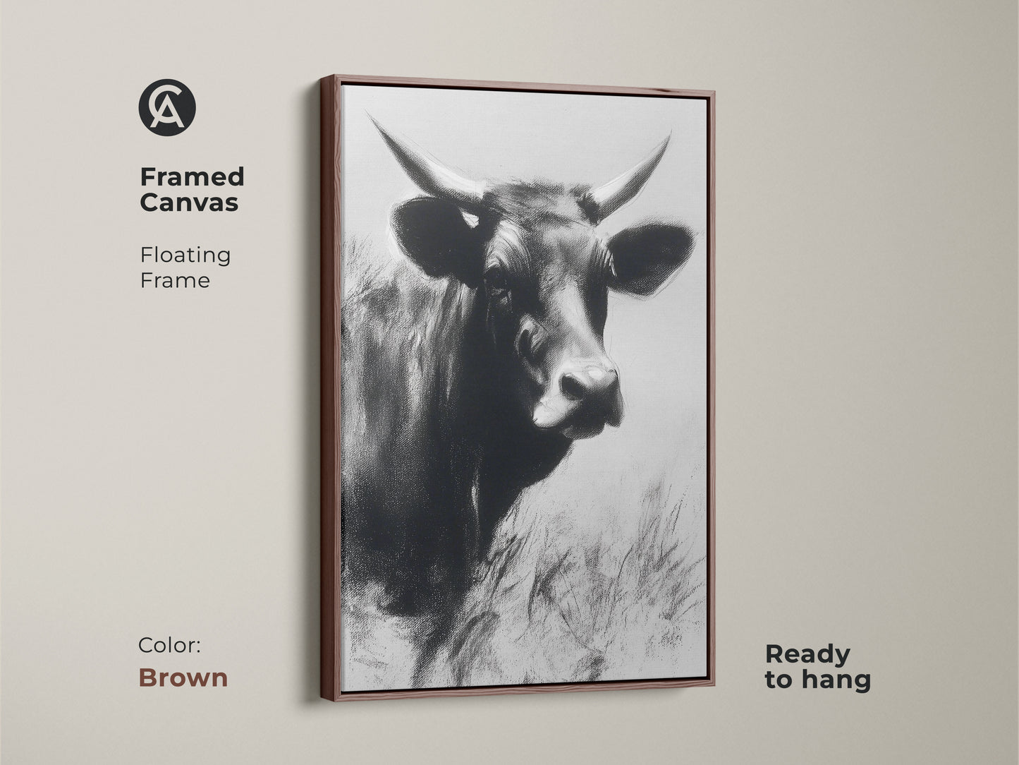 Framed canvas with a floating frame in brown. Showcasing a black and white cow artwork. This rustic farmhouse wall art is ready to hang. Perfect for creating a cozy farmhouse atmosphere.