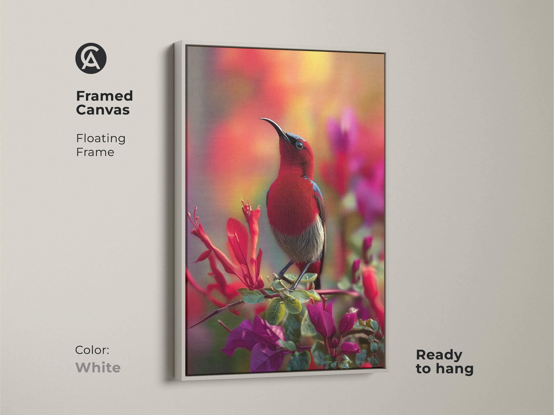 Framed canvas of an Exotic Red Sunbird with a white floating frame. This vibrant bird and flower art print is ready to hang. The nature-inspired artwork brings a fresh eclectic style to your home decor.