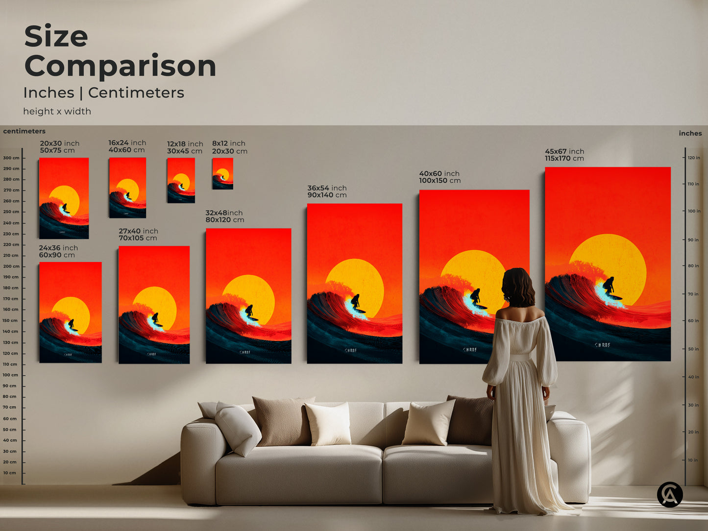 Size comparison of coastal art prints. See inches and centimeters for different sizes. This surfing wave artwork is perfect for any room. Choose the ideal size for your beach house decor. Orange yellow and teal tones enhance the visual appeal.
