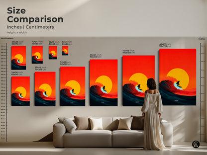 Size comparison of coastal art prints. See inches and centimeters for different sizes. This surfing wave artwork is perfect for any room. Choose the ideal size for your beach house decor. Orange yellow and teal tones enhance the visual appeal.