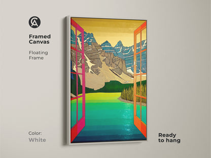 Enhance your home with framed canvas open window artwork. The mountain lake art features a clean white floating frame. This modern abstract print is ready to transform your space.