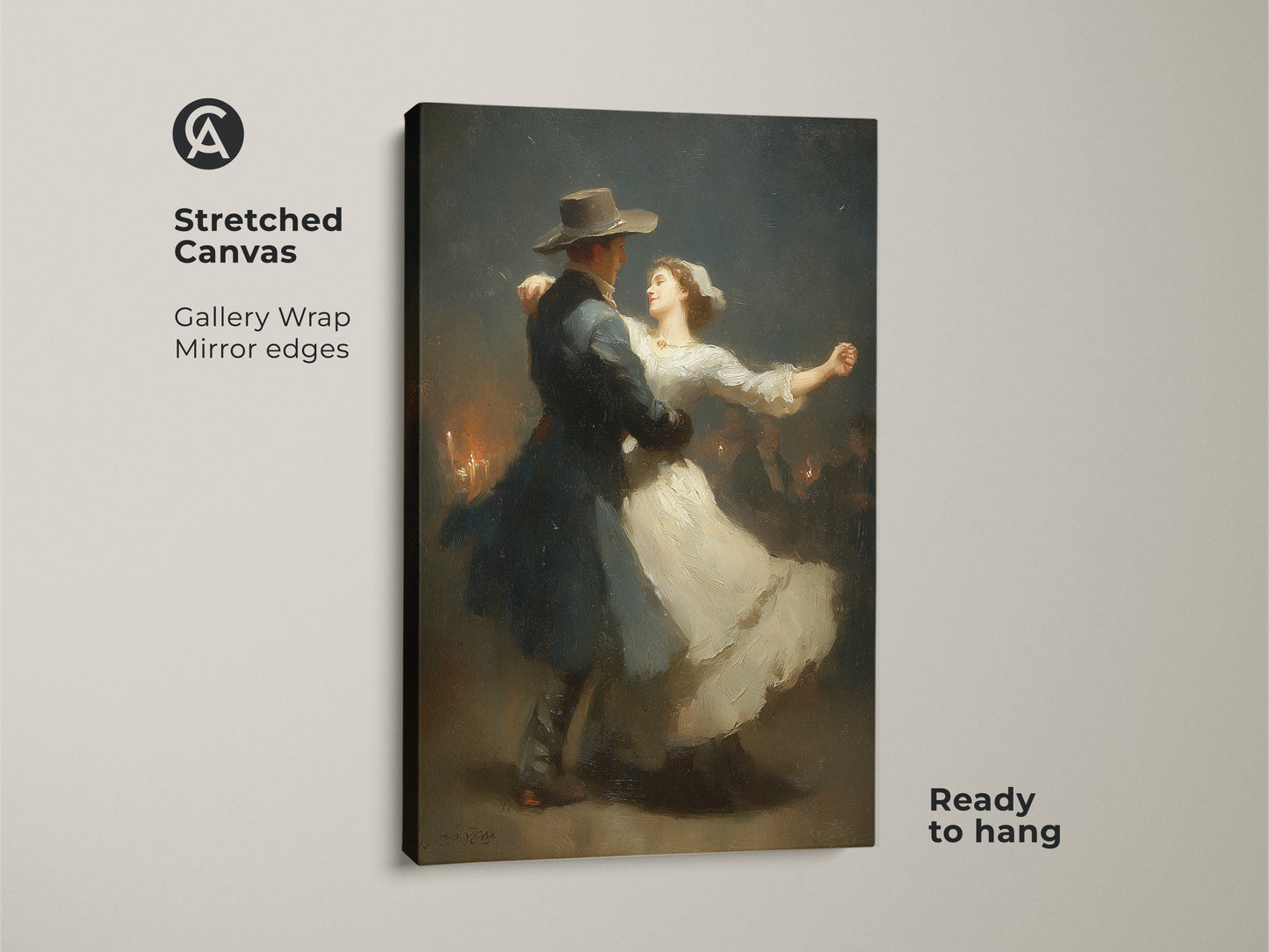 View the romantic couple dancing print on stretched canvas. This classical Victorian art piece makes a thoughtful anniversary gift for couples. The dark blue wall art is gallery-wrapped with mirrored edges. Ready to hang this white romance art will enhance your romantic home decor.