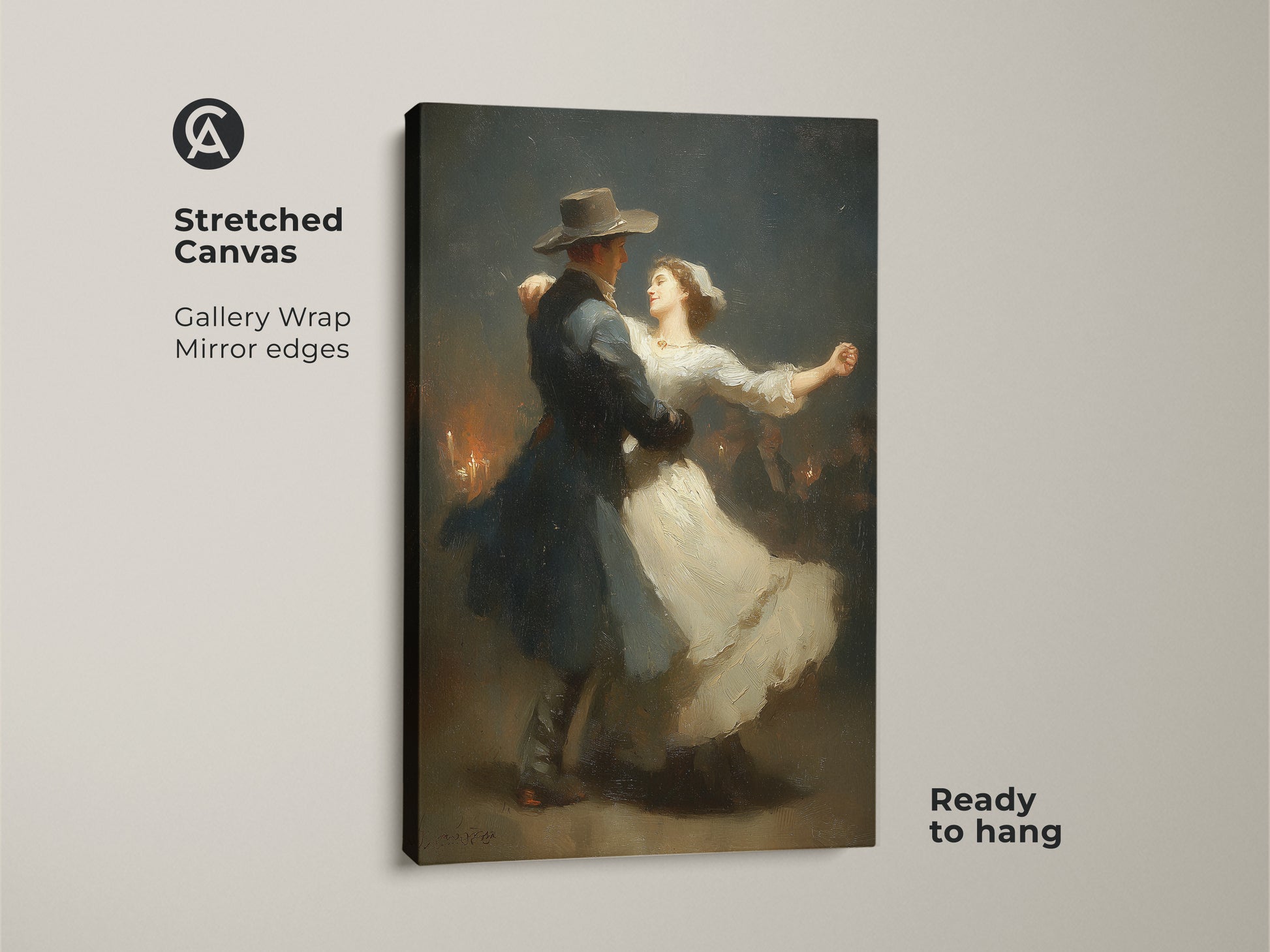 View the romantic couple dancing print on stretched canvas. This classical Victorian art piece makes a thoughtful anniversary gift for couples. The dark blue wall art is gallery-wrapped with mirrored edges. Ready to hang this white romance art will enhance your romantic home decor.