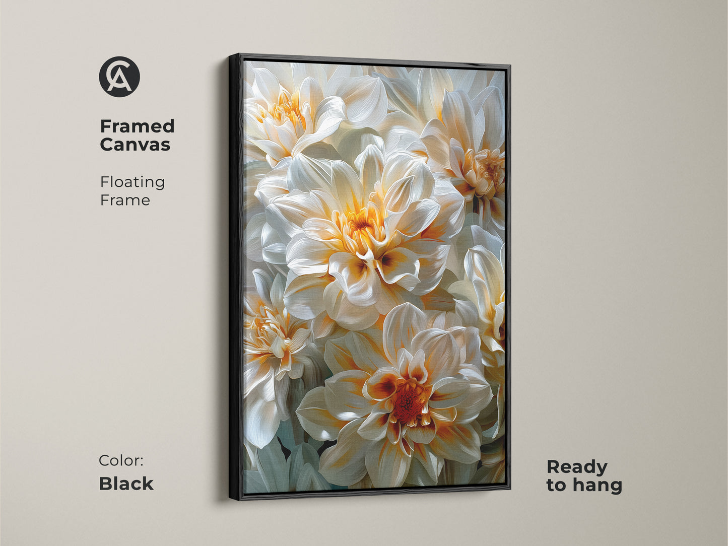 Framed canvas art featuring white and orange dahlia flowers. The frame is black and has a floating style. The canvas is ready to hang. This framed floral art enhances your home decor with its modern and elegant aesthetic. The artwork is perfect for any space.