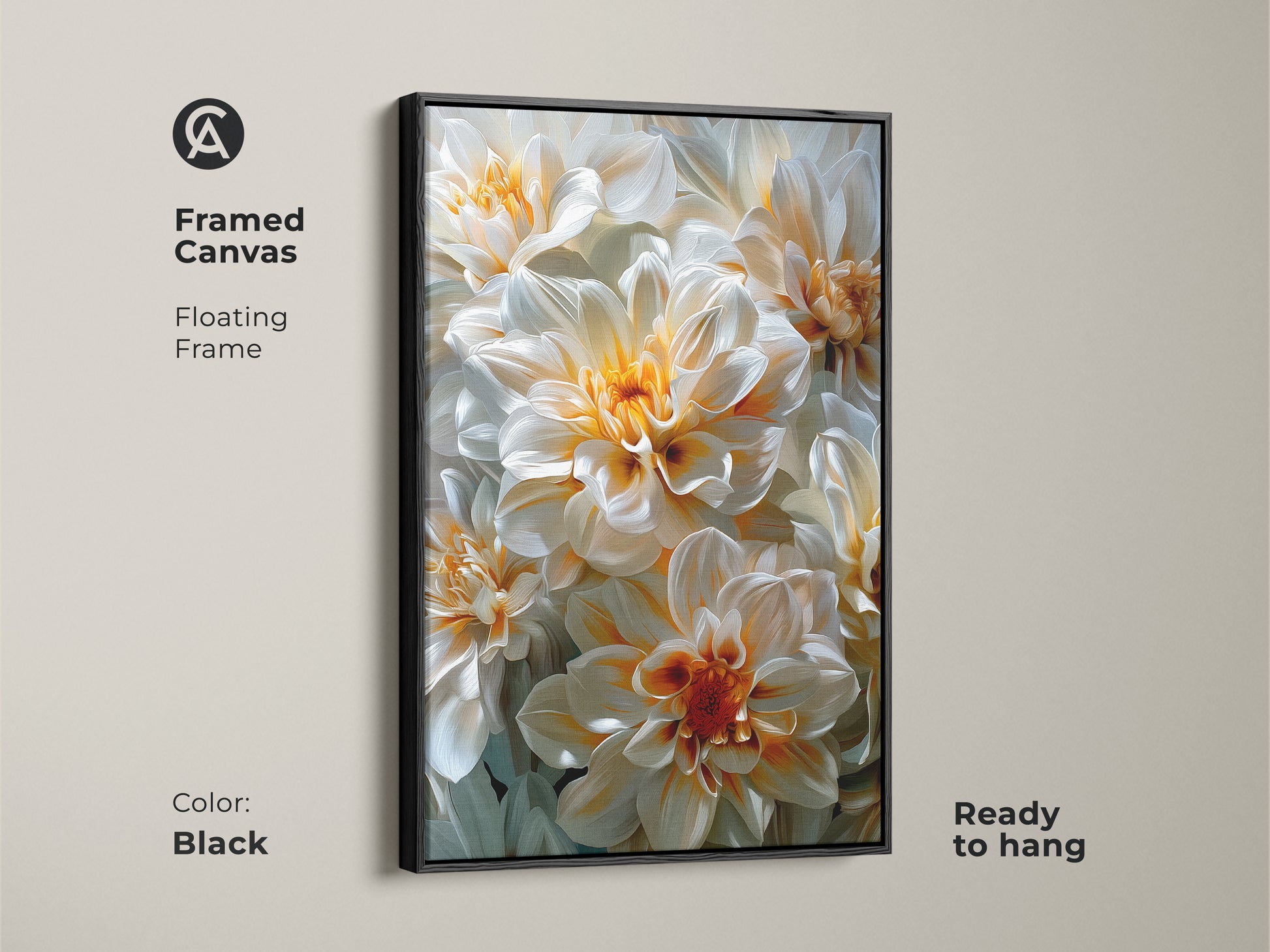 Framed canvas art featuring white and orange dahlia flowers. The frame is black and has a floating style. The canvas is ready to hang. This framed floral art enhances your home decor with its modern and elegant aesthetic. The artwork is perfect for any space.