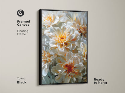 Framed canvas art featuring white and orange dahlia flowers. The frame is black and has a floating style. The canvas is ready to hang. This framed floral art enhances your home decor with its modern and elegant aesthetic. The artwork is perfect for any space.