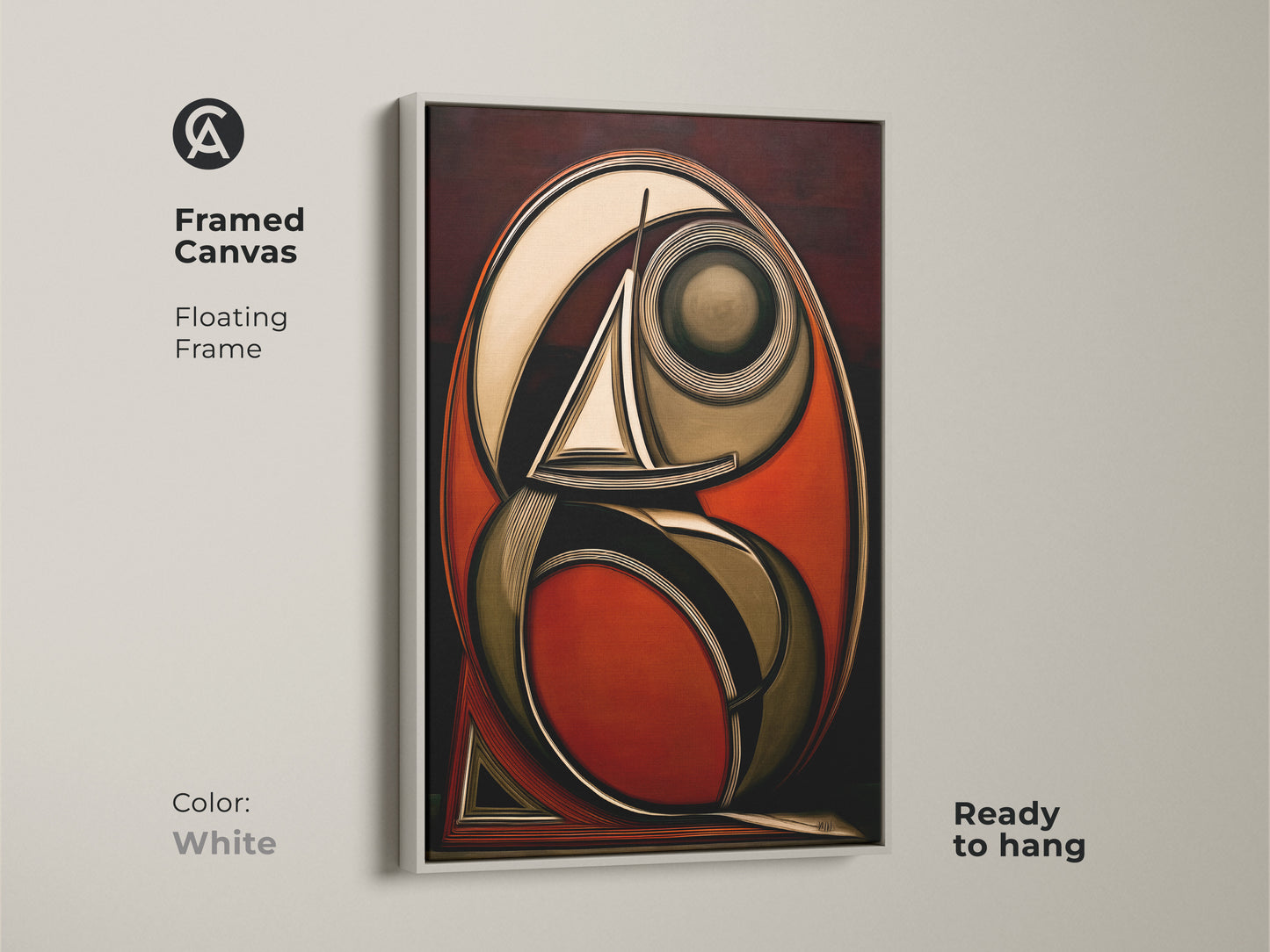 Framed canvas with floating frame showcasing geometric sailboat art. The white frame complements the rust red dark brown and gold tones of this nautical abstract wall art. Perfect for office decor or eclectic home art.