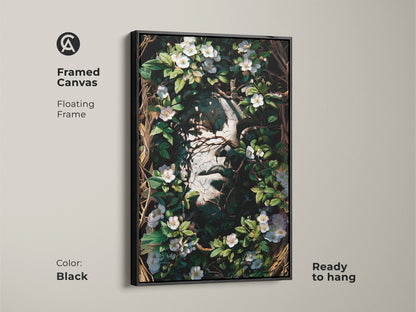 Black Framed Canvas of a Surreal face botanical print. Floating frame and ready to hang this Gothic dark academia art. Perfect white flowers and greenery canvas for an eclectic home. A unique botanical face artwork.