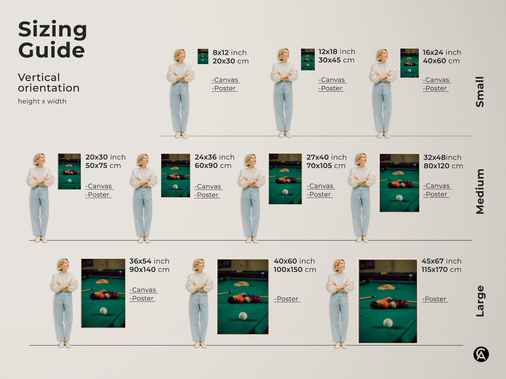 Sizing guide for vertical pool table canvas art. Available in small medium and large sizes. Perfect billiard balls print for game room decor or a thoughtful gift for pool players. This emerald green art enhances any space adding leisure.