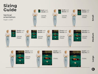 Sizing guide for vertical pool table canvas art. Available in small medium and large sizes. Perfect billiard balls print for game room decor or a thoughtful gift for pool players. This emerald green art enhances any space adding leisure.