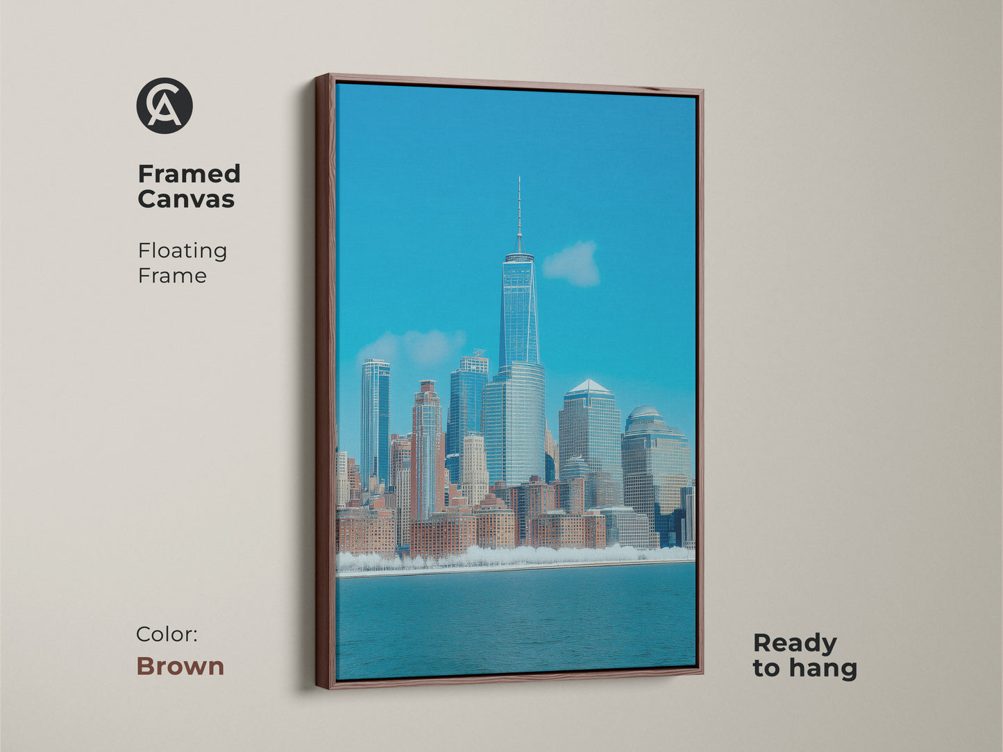 Framed canvas art of the New York skyline in a blue contemporary style. This architecture artwork features a brown floating frame. Ready to hang it is a modern touch to office or home decor.