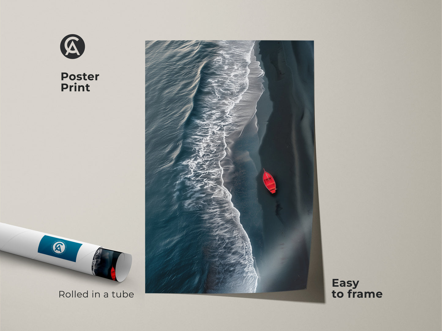 Poster print of minimalist aerial art. The ocean wave wall art is rolled in a tube and easy to frame. This coastal minimalist artwork shows a striking red boat. The deep teal beach decor is perfect as ocean lovers gift art.