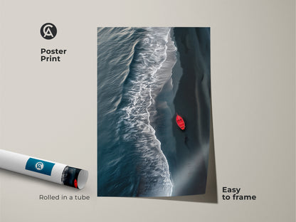 Poster print of minimalist aerial art. The ocean wave wall art is rolled in a tube and easy to frame. This coastal minimalist artwork shows a striking red boat. The deep teal beach decor is perfect as ocean lovers gift art.
