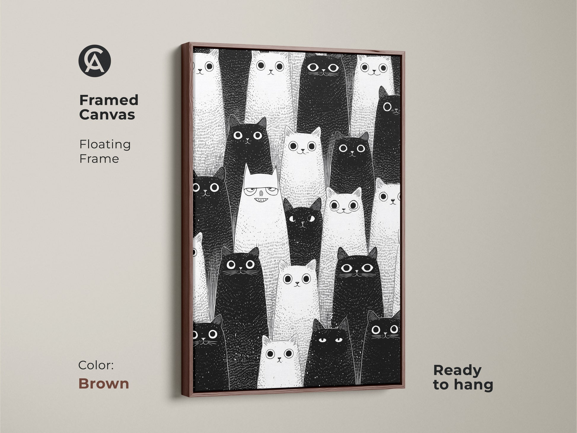 Brown framed canvas with minimalist cat artwork. This black and white feline print gives a modern look. Ready to hang art for cat lovers. Pet portrait prints.