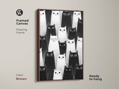 Brown framed canvas with minimalist cat artwork. This black and white feline print gives a modern look. Ready to hang art for cat lovers. Pet portrait prints.