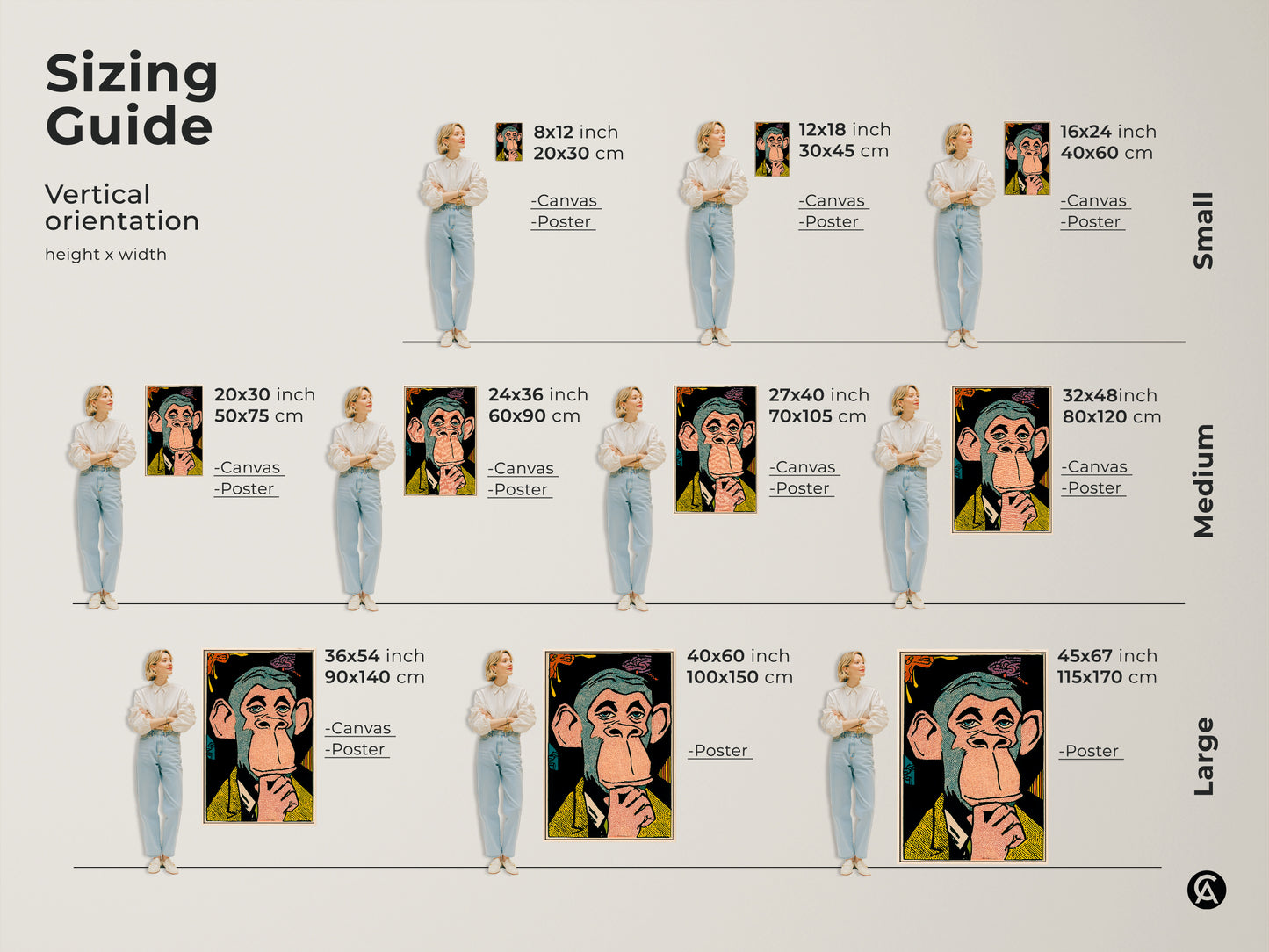 Sizing guide showing various sizes of Bored Ape NFT artwork. Options are available in canvas and poster prints. Find the perfect size for your space. From small to large sizes this artwork is sure to impress.
