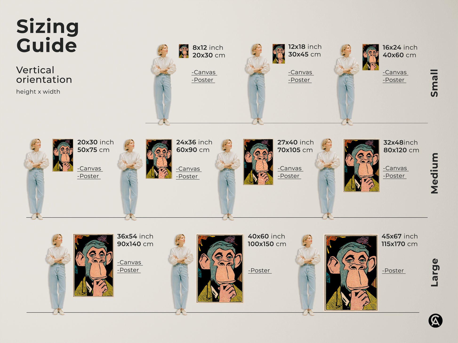 Sizing guide showing various sizes of Bored Ape NFT artwork. Options are available in canvas and poster prints. Find the perfect size for your space. From small to large sizes this artwork is sure to impress.