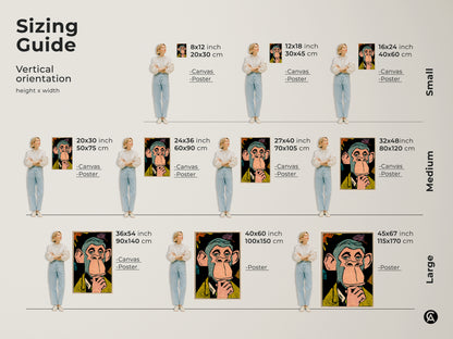 Sizing guide showing various sizes of Bored Ape NFT artwork. Options are available in canvas and poster prints. Find the perfect size for your space. From small to large sizes this artwork is sure to impress.