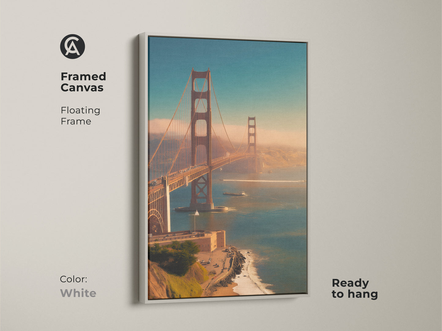 Framed canvas art featuring the Golden Gate Bridge. This San Francisco art print has a floating white frame. Coastal landscape wall decor ready to hang makes for simple home updates.