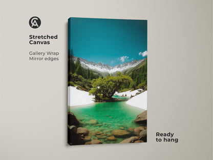 Stretched canvas art print of a turquoise lake. Snowy mountains are in the background. The gallery wrap and mirror edges give a modern look. Ready to hang for easy display.