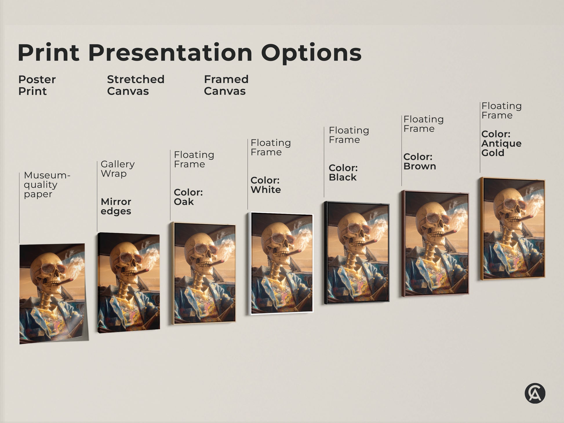 Print presentation options for skeleton driving a car artwork. Available as a poster print stretched canvas or framed canvas. Choose from museum-quality paper gallery wrap or floating frames. Frame colors include oak white black brown and antique gold. Find the perfect style for your space.