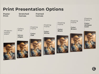 Print presentation options for skeleton driving a car artwork. Available as a poster print stretched canvas or framed canvas. Choose from museum-quality paper gallery wrap or floating frames. Frame colors include oak white black brown and antique gold. Find the perfect style for your space.