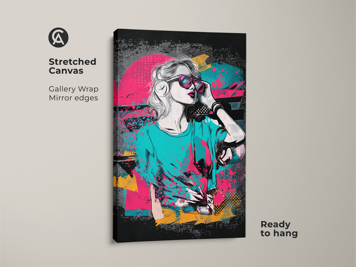 Stretched canvas Pop Art Print featuring an abstract portrait of a woman. Retro synthwave style art in pink teal and yellow. Eclectic home decor ready to hang with gallery wrapped mirror edges. The vibrant colors and unique artwork make it a perfect addition to any bedroom or music themed space.