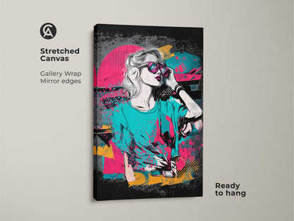 Stretched canvas Pop Art Print featuring an abstract portrait of a woman. Retro synthwave style art in pink teal and yellow. Eclectic home decor ready to hang with gallery wrapped mirror edges. The vibrant colors and unique artwork make it a perfect addition to any bedroom or music themed space.